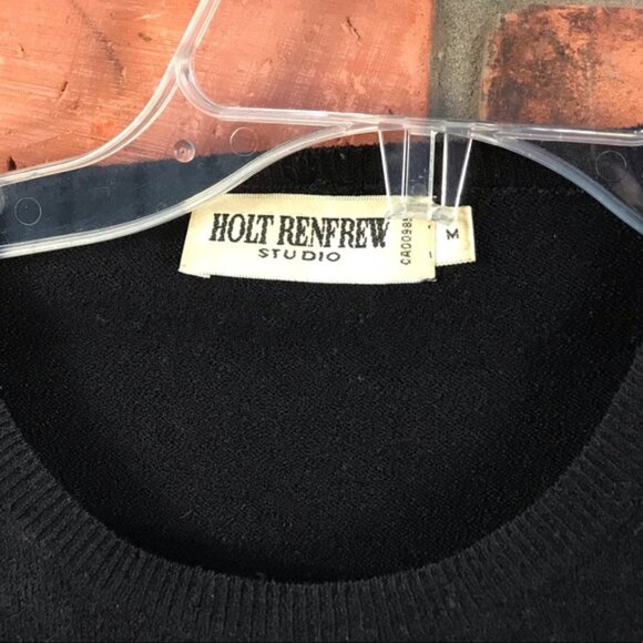 Holt Renfrew Vintage Beaded Leaves Wool Crew Neck Sweater Appliqué Knit Black M - Picture 6 of 15